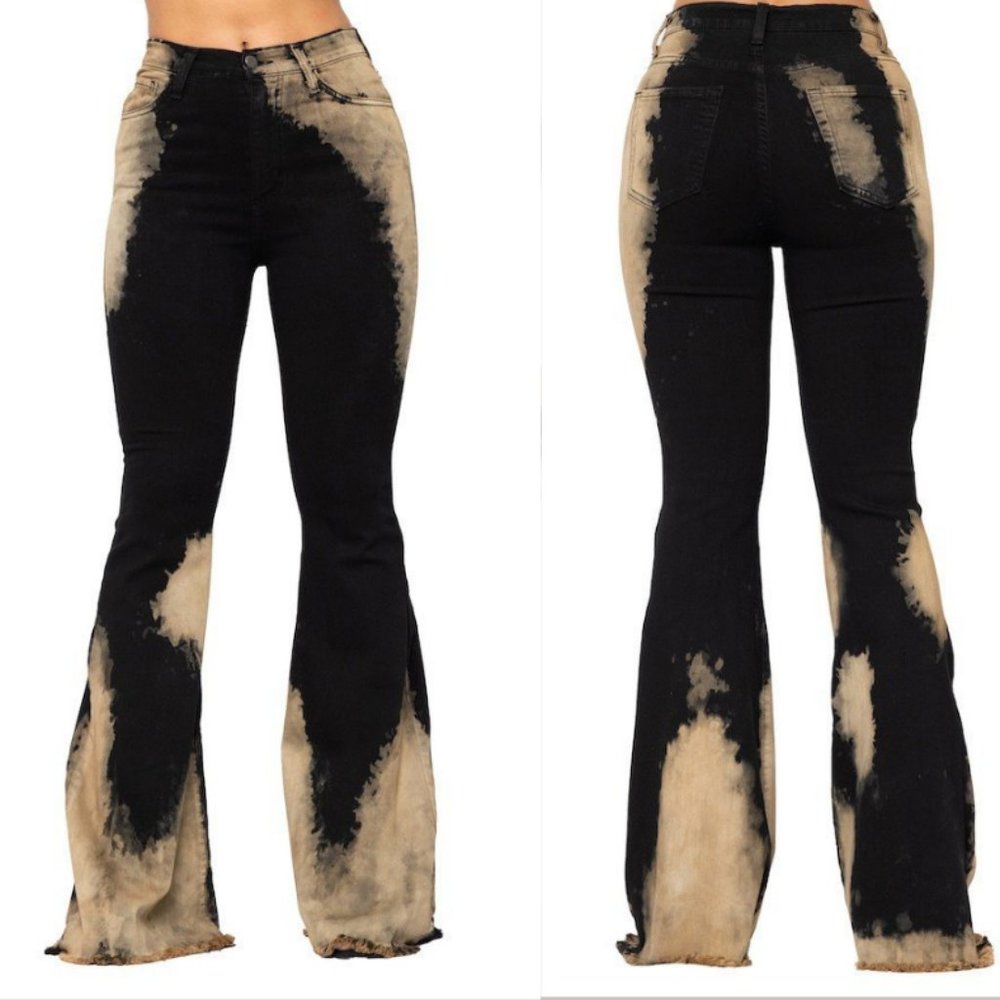 Tie-dyed Bleached Flare leg Jeans High Rise Hippie Gypsy Boho Festival Denim New - Picture 4 of 12
